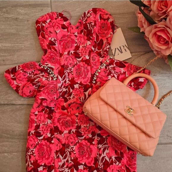 ZARA JACQUARD PINK AND RED FLORAL DRESS JEWEL - Picture 2 of 16